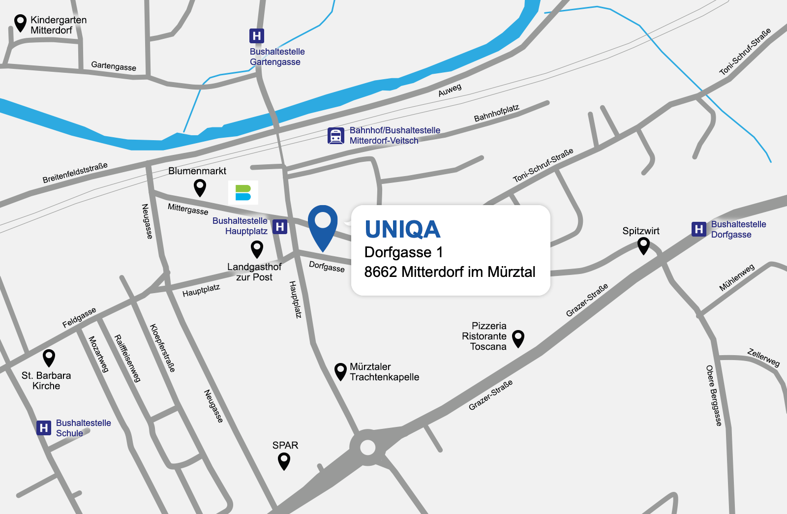 Eine detaillierte gezeichnete Karte der UNIQA Generalagentur Angerer